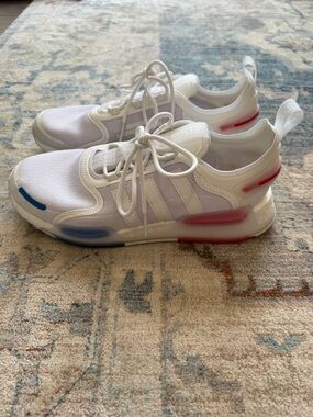 Mean Adidas NMDR1 White Athletic Sneakers with Blue & red Accents NEW W/O BOX